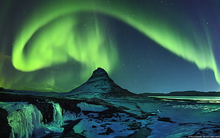 green aurora borealis, anime, mountains, river, nature