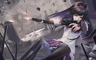 black haired female anime character with purple and white holding two guns digital wallpaper, Mahou Shoujo Madoka Magica, Akemi Homura