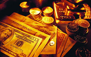 50 US dollar banknote, gold, money, coins, dollar bills