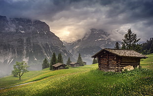brown wooden shed, nature, landscape, mountains, hut