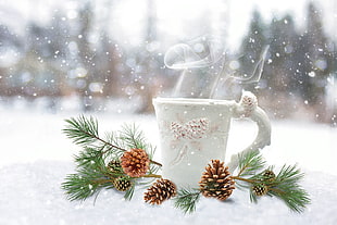 white ceramic mug with pine cones HD wallpaper