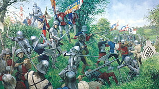 crusader fighting with knights illustration, war, armor, England, sword