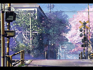 Kimi No Nawa digital wallpaper, 5 Centimeters Per Second, cherry blossom, railway crossing, Makoto Shinkai 