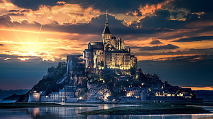 castle near body of water digital wallpaper, France, Mont Saint-Michel, island, castle