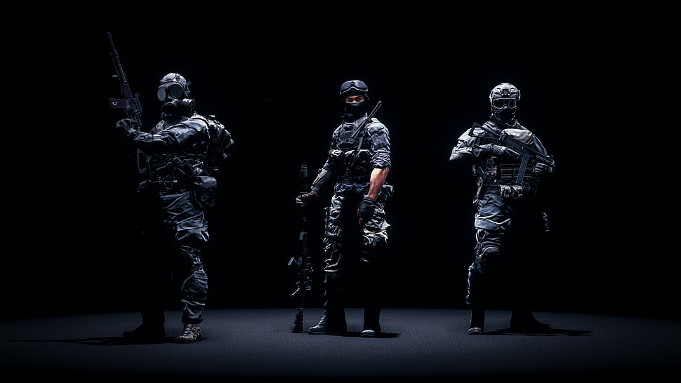 three men wearing black soldier suit wallpaper HD wallpaper