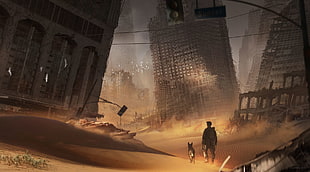 man and dog near building wallpaper, artwork, digital art, fantasy art, apocalyptic