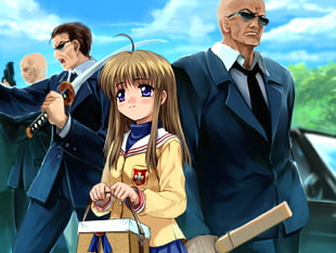 woman standing near two man anime character