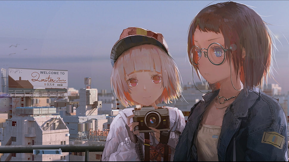two female anime characters illustration, camera, glasses, city HD wallpaper
