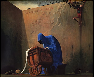 person wearing blue cape standing in front cradle digital wallpaper, Zdzisław Beksiński, drawing