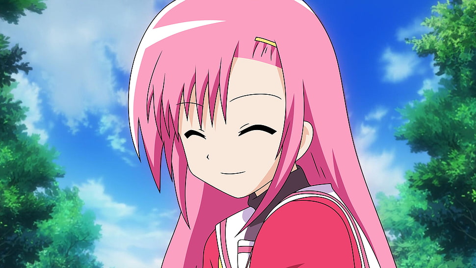 animated female character with pink hair smiling HD wallpaper