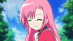 animated female character with pink hair smiling