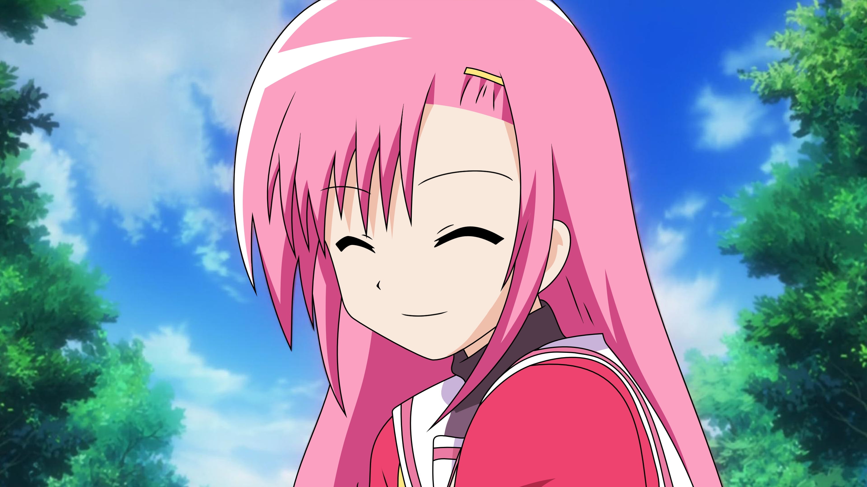 animated female character with pink hair smiling