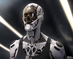 white and black robot, skull, cyberpunk, futuristic