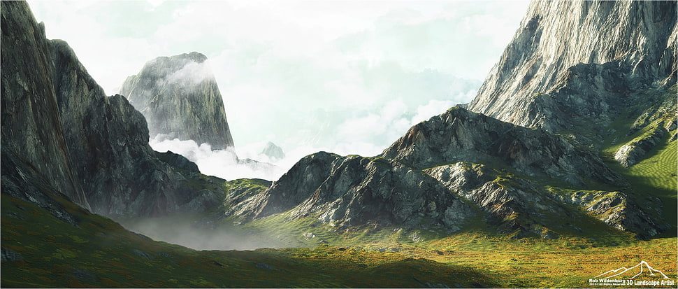 white and black abstract painting, CGI, mountains, clouds HD wallpaper