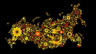 black, yellow, and red floral textile, Russia, Khokhloma