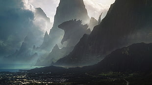 Godzilla wallpaper, artwork, Godzilla, sea, mountains