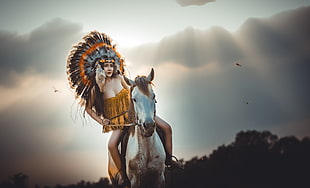 woman native american riding on white horse digital art