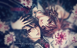 male and female anime illustration, anime, Vampire Knight, text, flowers