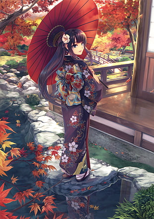 gray-haired female anime character wearing kimono illustration, anime
