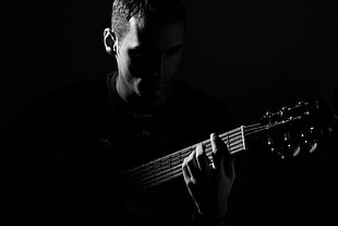 black acoustic guitar, guitar, men, dark, monochrome
