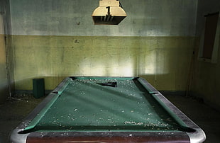 green and black pool table, abandoned, interior, pool table, triangle HD wallpaper