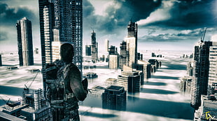 man wearing suit and backpack facing buildings digital wallpaper, spec ops the line, fan art, skyscraper, video games