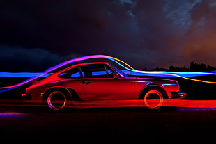 red coupe illustration, car, Porsche, red cars, light trails