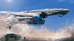 grey plane cartoon illustration, science fiction, spaceship