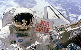 white astronaut suit, humor, space shuttle HD wallpaper