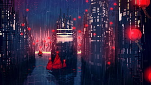 city buildings on rainy evening illustration HD wallpaper