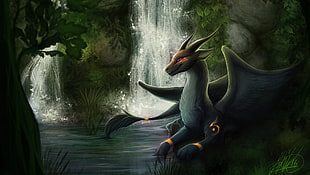 gray dragon beside body of water, furry, Anthro, dragon, waterfall