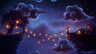 string bridge with lights between mountain artwork, clouds, artwork, lantern, bridge