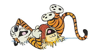 boy and tiger laughing illustration, Calvin and Hobbes