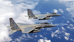 two gray-and-brown fighter jets, military aircraft, airplane, jets, sky