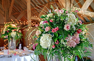 white, and pink bouquet of flowers