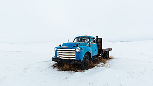 blue flat-deck truck, car, vehicle, winter, snow