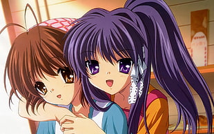 purple haired female anime character hugging brown haired female anime character