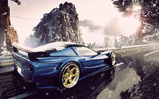 blue super car, car, rims, snow, mountains