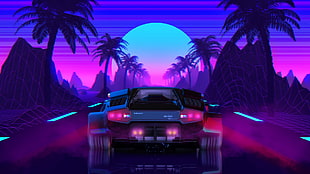 black car, car, neon, Lamborghini, vehicle