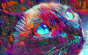 pink, blue, and teal cat pop art painting, cat, artwork, eyes, deep-art HD wallpaper