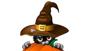 black cat wearing brown witch hat artwork