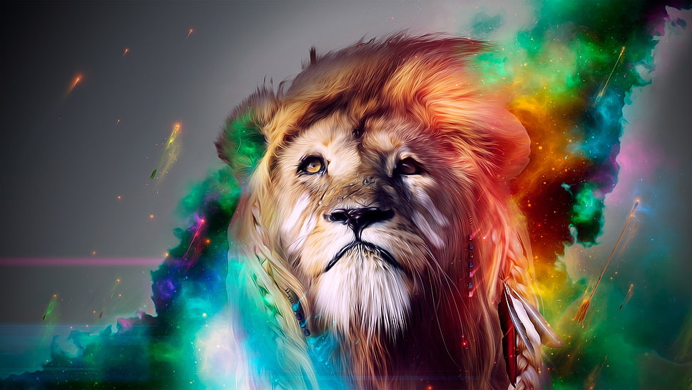 Multi-colored lion illustration HD wallpaper