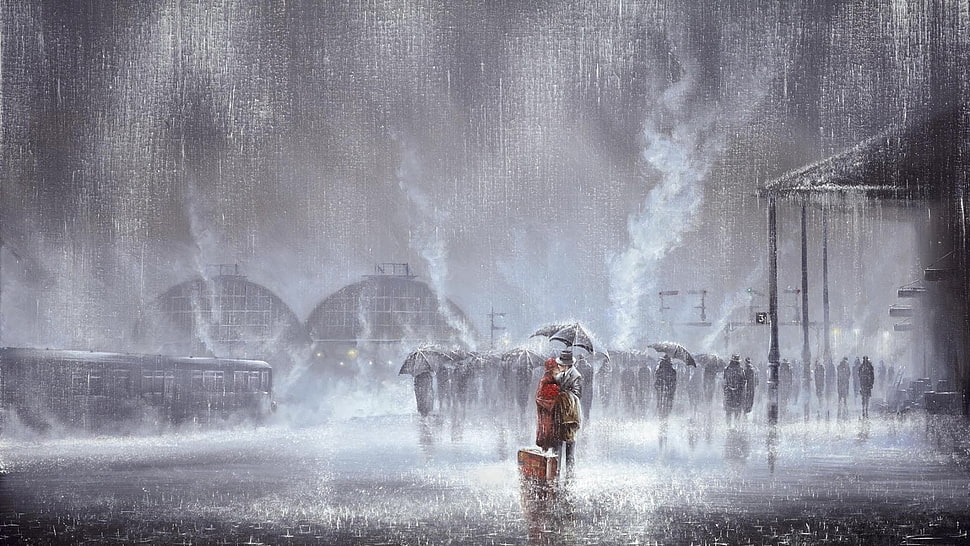 person holding umbrella illustration, rain, kissing, artwork, train station HD wallpaper