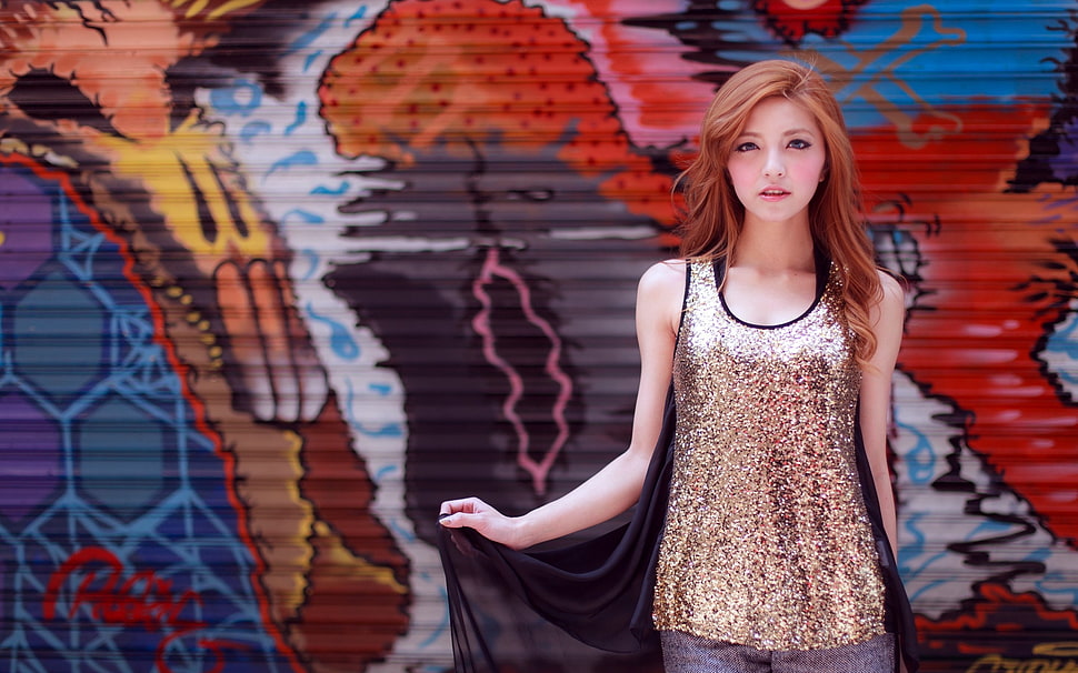 woman wearing silver glitter tank top with graffiti background HD wallpaper