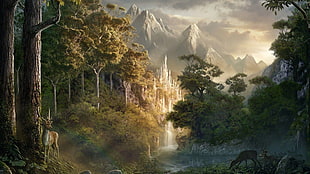 waterfalls surrounded by trees wallpaper, artwork, digital art, nature, environment