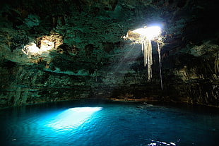 blue lagoon inside a cave HD wallpaper