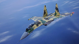 green, brown, and black camouflage fighter jet, army, Sukhoi Su-35, military aircraft, military