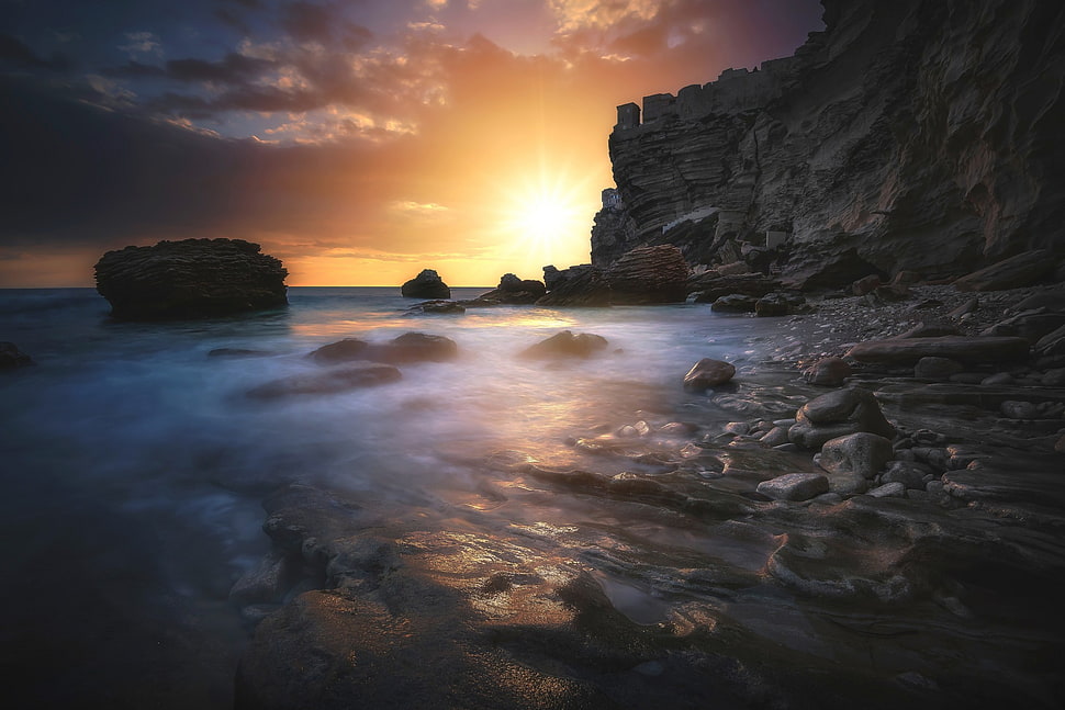 seashore, nature, landscape, sunset, rocks HD wallpaper
