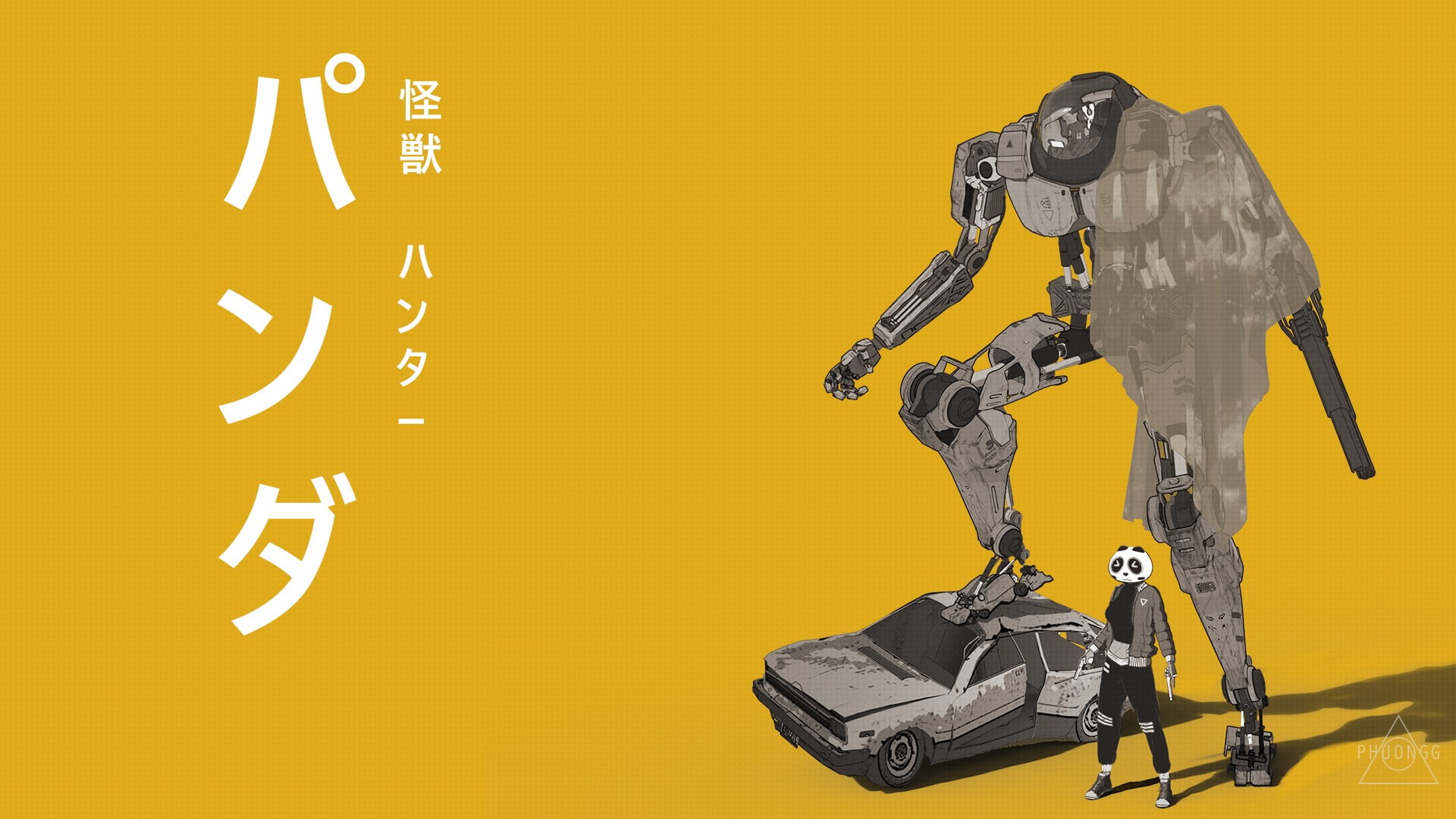 illustration of robot, panda, mech, robot, manga