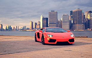 red Lamborghini coupe, car, Lamborghini, Lamborghini Aventador, city